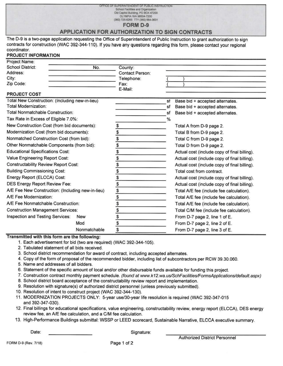 Form D-9 Application for Authorization to Sign Contracts - Washington, Page 1