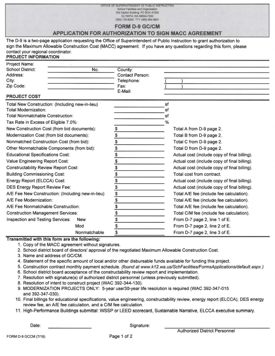 Form D-9 GC / CM Application for Authorization to Sign Macc Agreement - Washington, Page 1