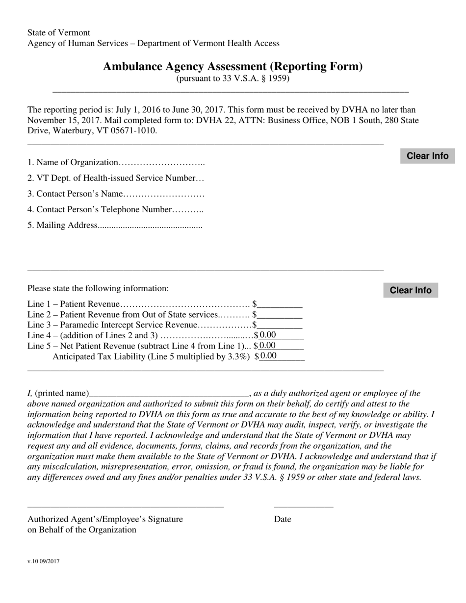 Ambulance Agency Assessment (Reporting Form) - Vermont, Page 1