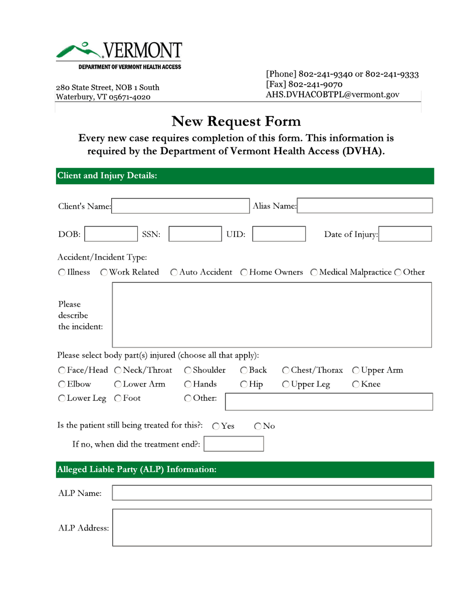New Request Form - Vermont, Page 1