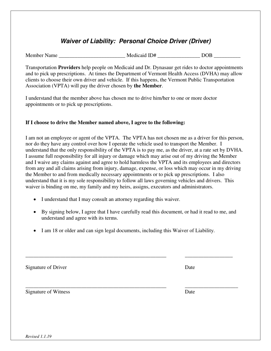 Waiver of Liability: Personal Choice Driver (Driver) - Vermont, Page 1