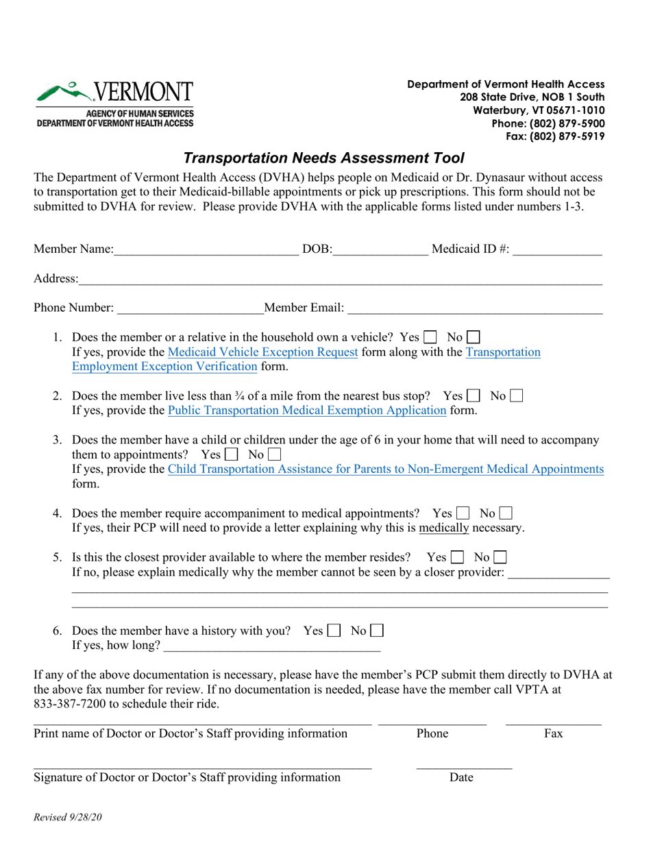 Transportation Needs Assessment Tool - Vermont, Page 1