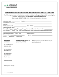 Document preview: Vermont Medicaid Child/Adolescent Inpatient Admission Notification Form - Vermont