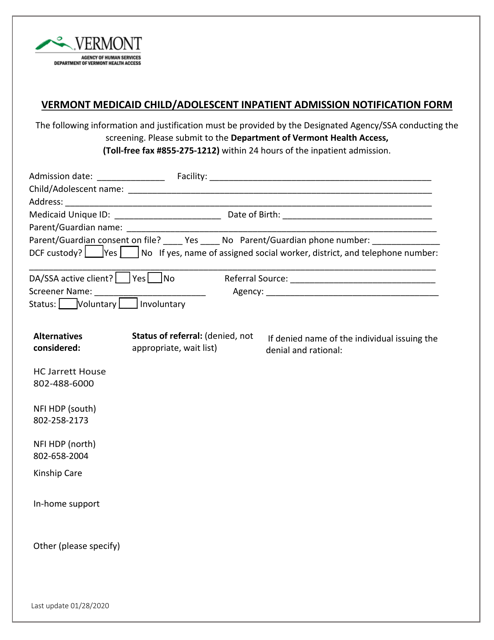Vermont Medicaid Child/Adolescent Inpatient Admission Notification Form - Vermont
