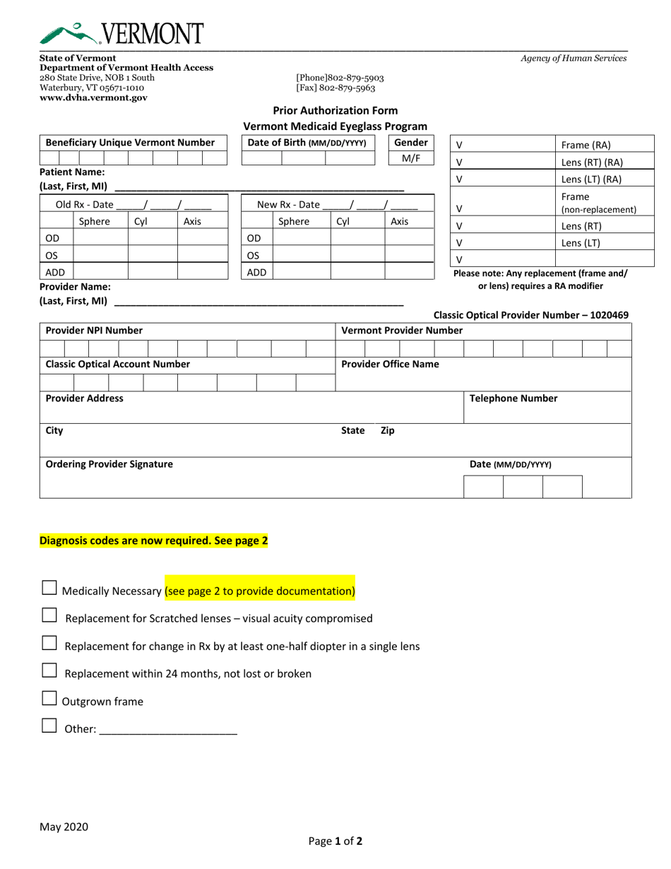 Prior Authorization Form - Vermont Medicaid Eyeglass Program - Vermont, Page 1