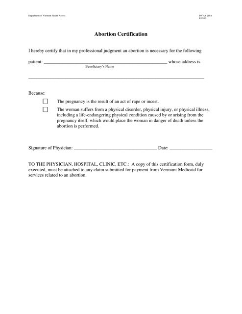 Form DVHA219A Abortion Certification - Vermont