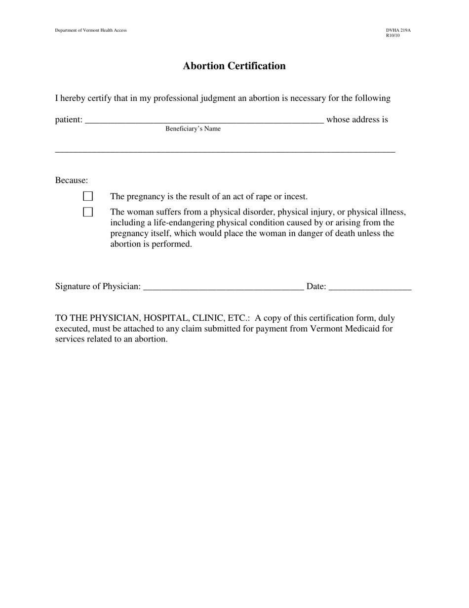 Form DVHA219A Abortion Certification - Vermont, Page 1