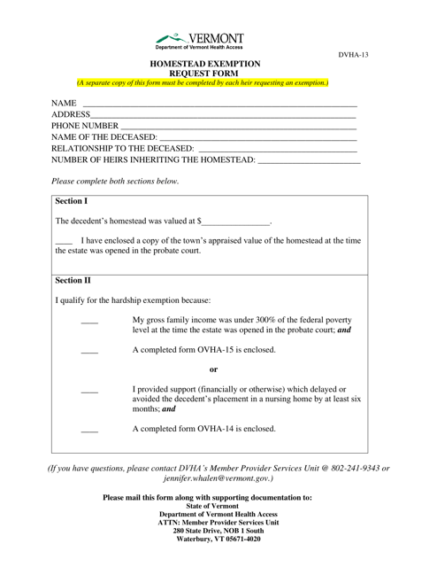 Form DVHA-13 Homestead Exemption Request Form - Vermont