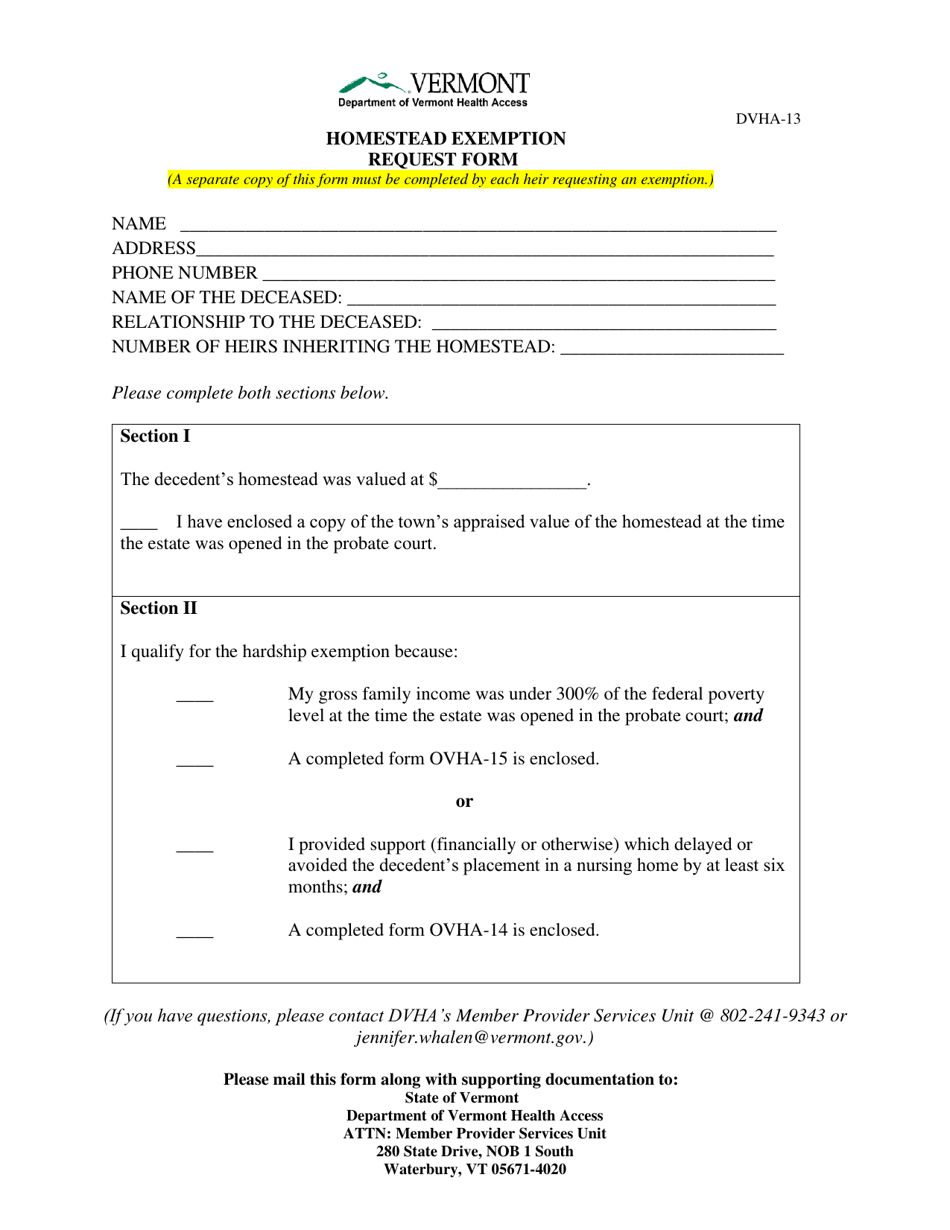 Form DVHA-13 Homestead Exemption Request Form - Vermont, Page 1