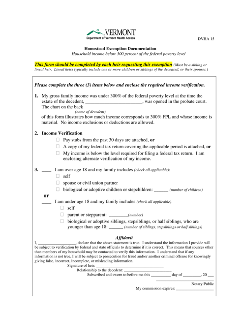Form DVHA15 Homestead Exemption Request - Household Income Below 300 Percent of the Federal Poverty Level - Vermont