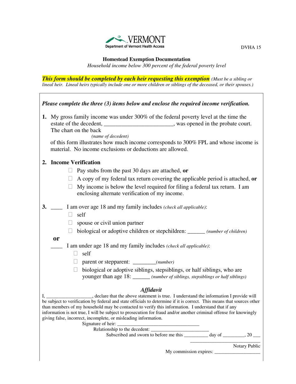 Form DVHA15 Homestead Exemption Request - Household Income Below 300 Percent of the Federal Poverty Level - Vermont, Page 1