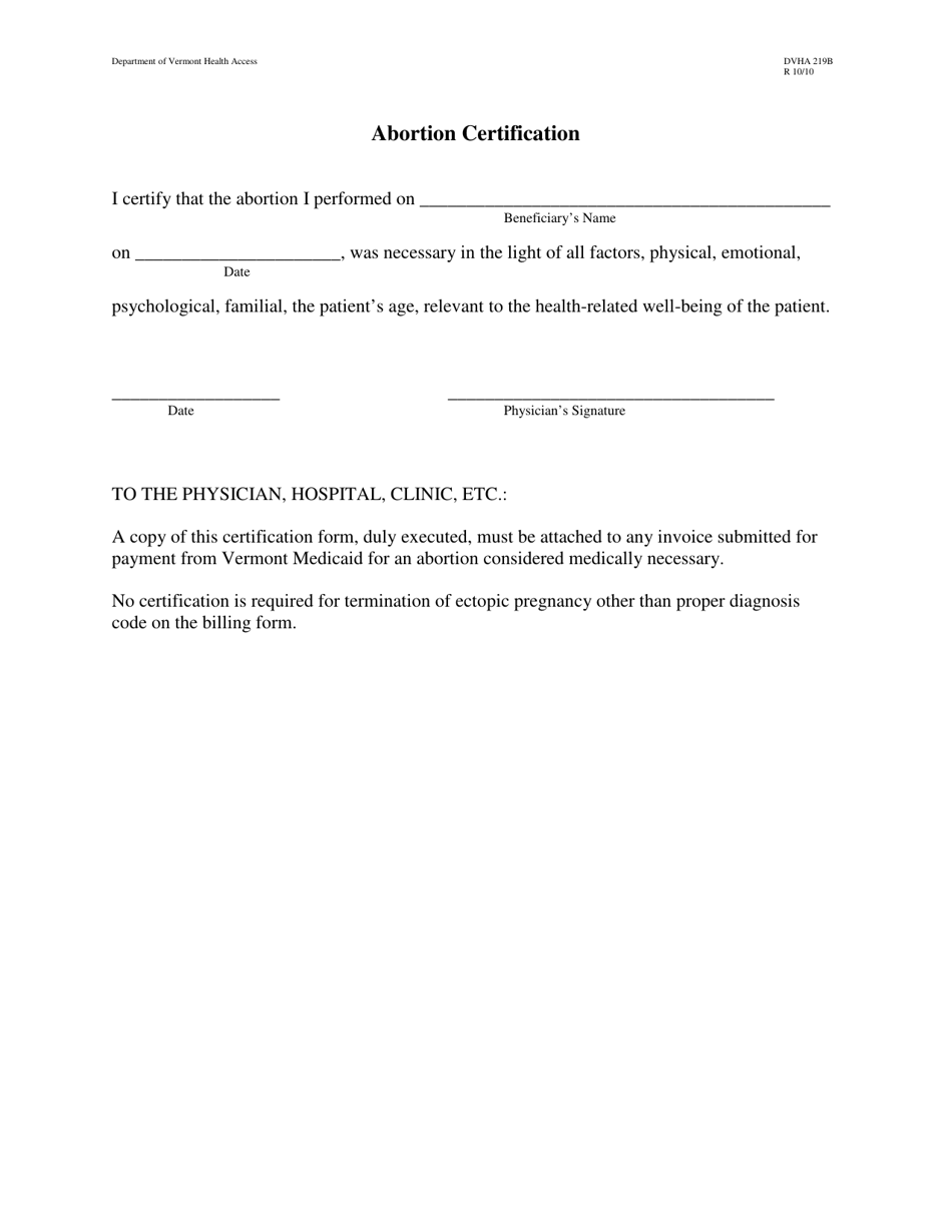 Form DVHA219B Abortion Certification - Vermont, Page 1