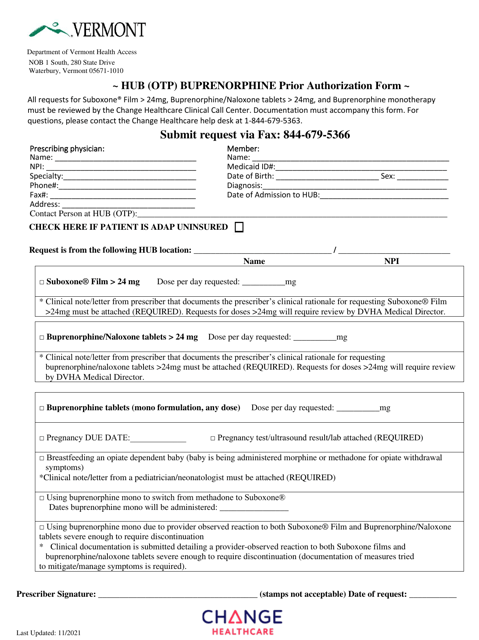 Hub (Otp) Buprenorphine Prior Authorization Form - Vermont Download Pdf