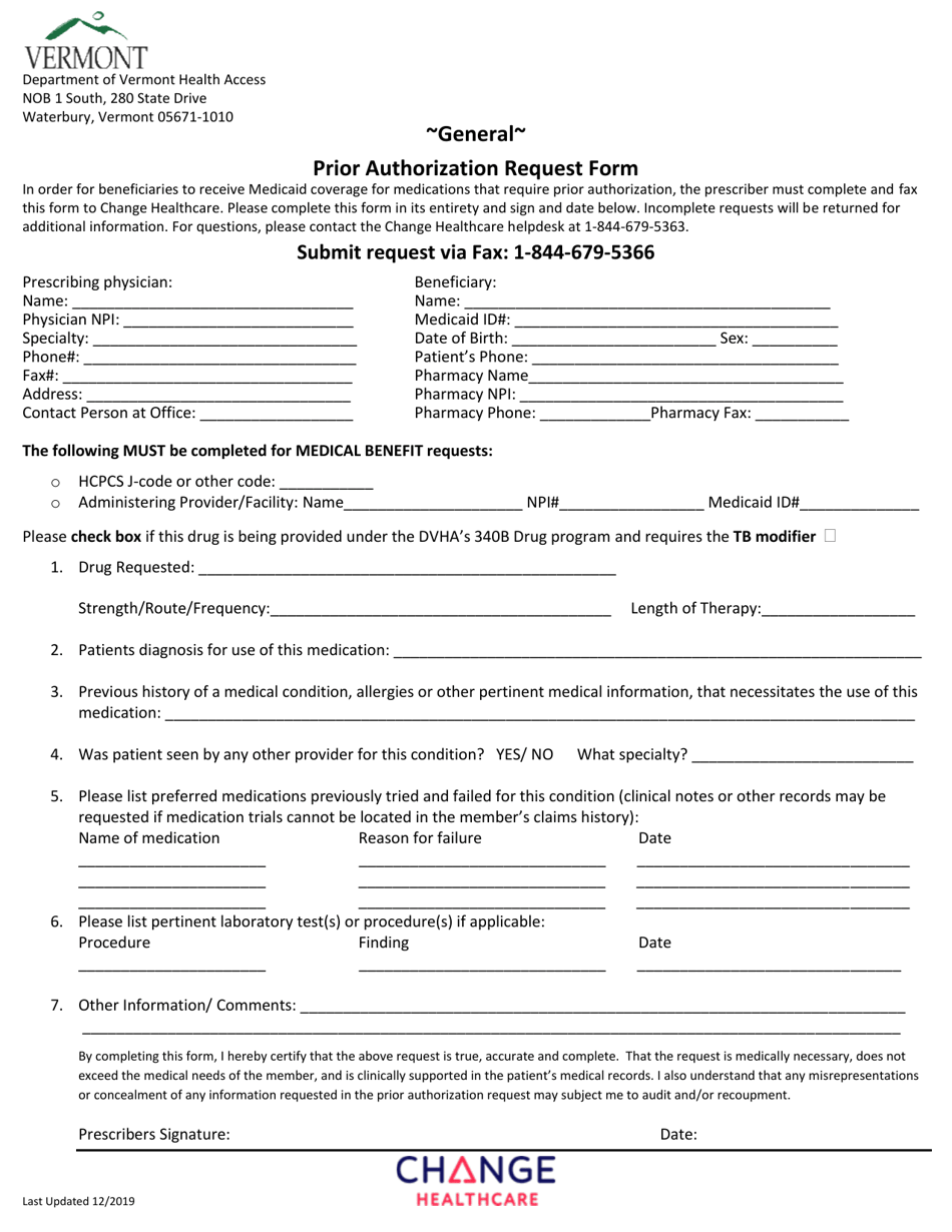 General Prior Authorization Request Form - Vermont, Page 1