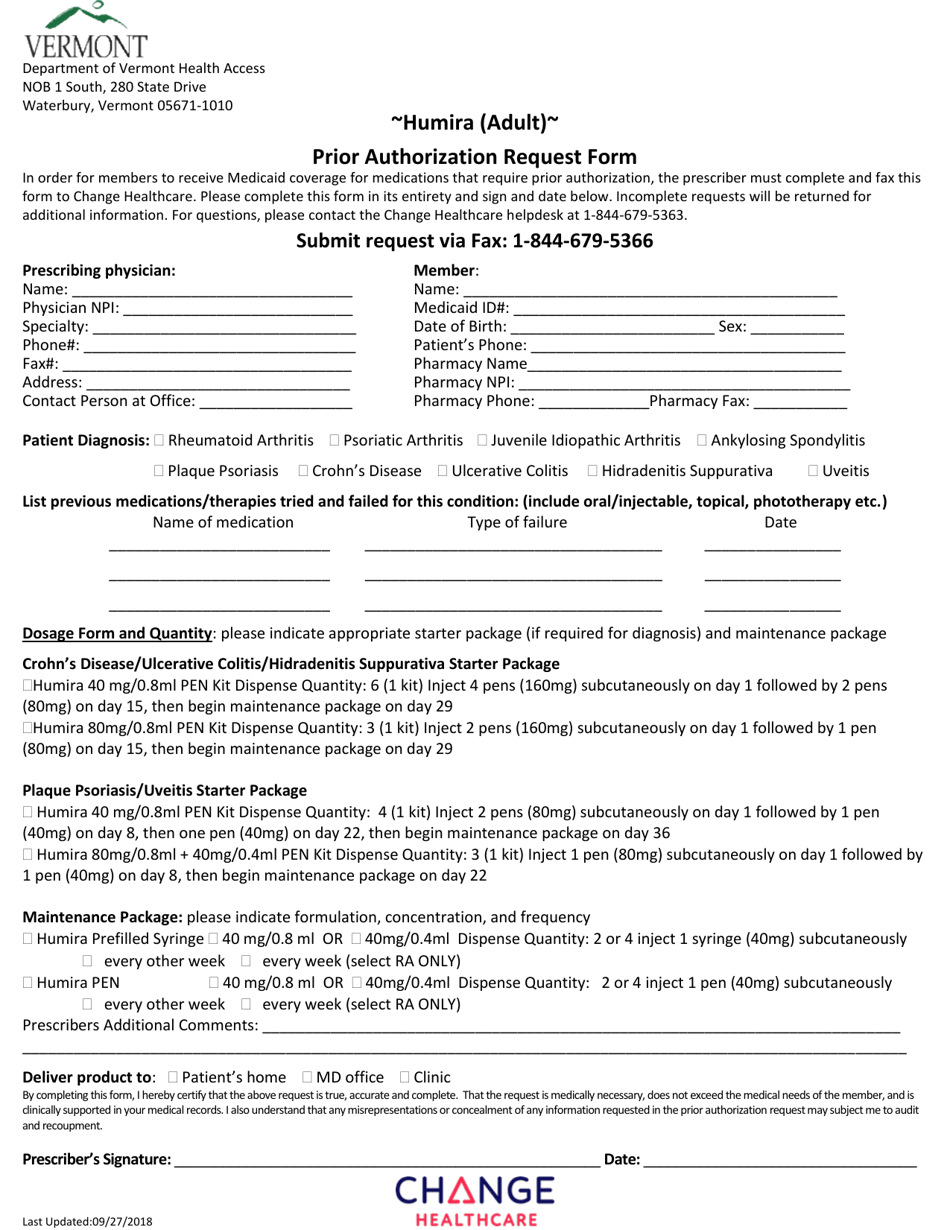 Humira (Adult) Prior Authorization Request Form - Vermont, Page 1
