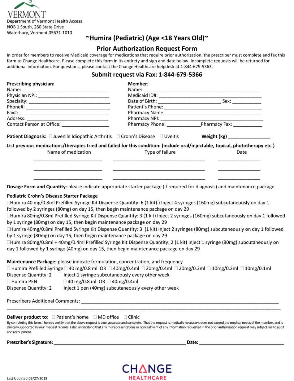 Humira (Pediatric) (Age 18 Years Old) Prior Authorization Request Form - Vermont, Page 1