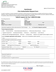 &quot;Nutritionals Prior Authorization Request Form&quot; - Vermont