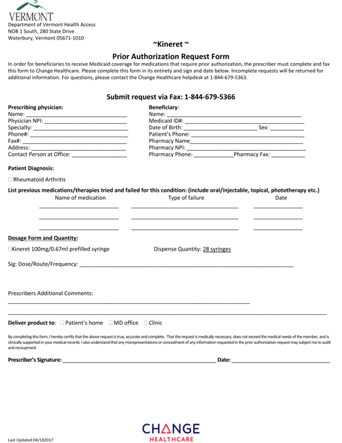 Kineret Prior Authorization Request Form - Vermont