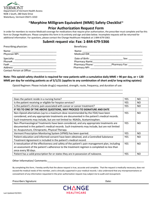 Morphine Milligram Equivalent (Mme) Safety Checklist Prior Authorization Request Form - Vermont