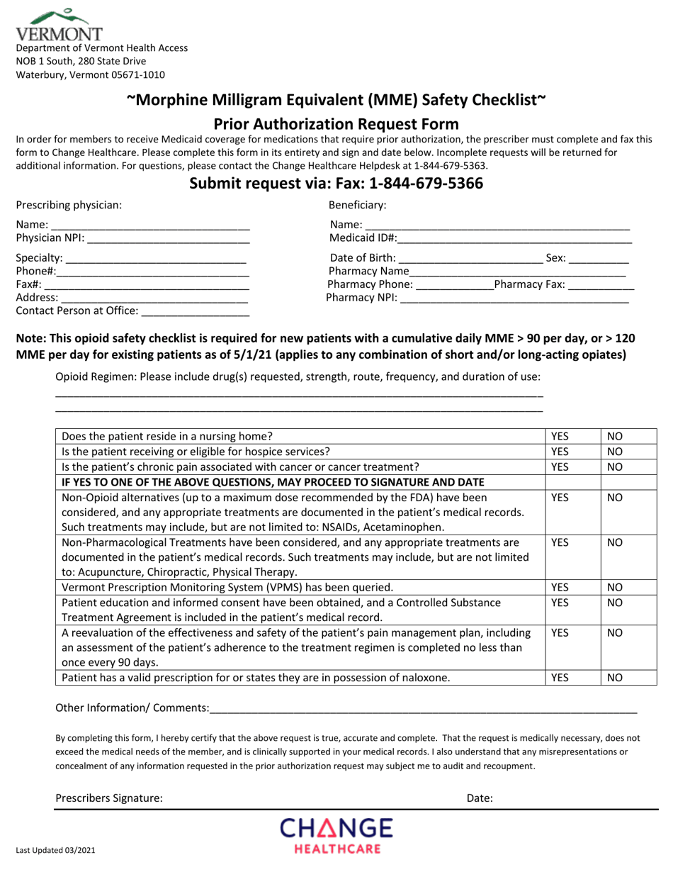 Morphine Milligram Equivalent (Mme) Safety Checklist Prior Authorization Request Form - Vermont, Page 1