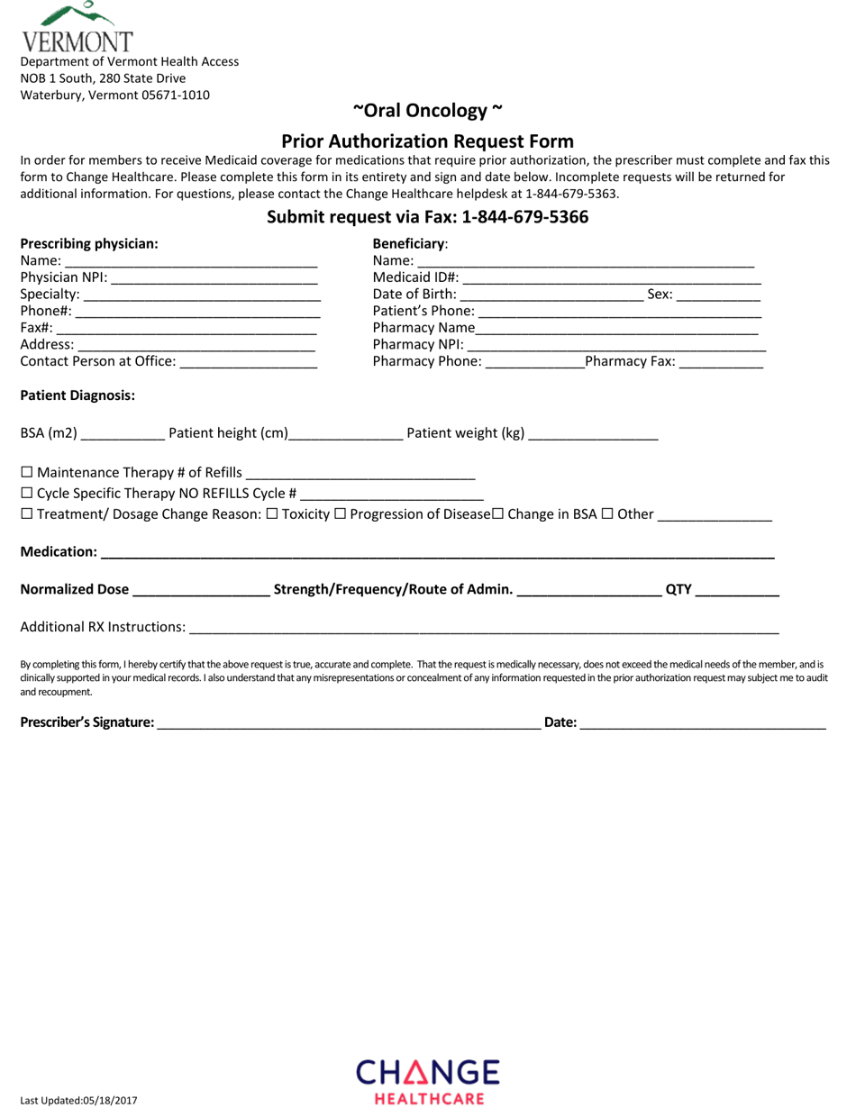 Oral Oncology Prior Authorization Request Form - Vermont, Page 1