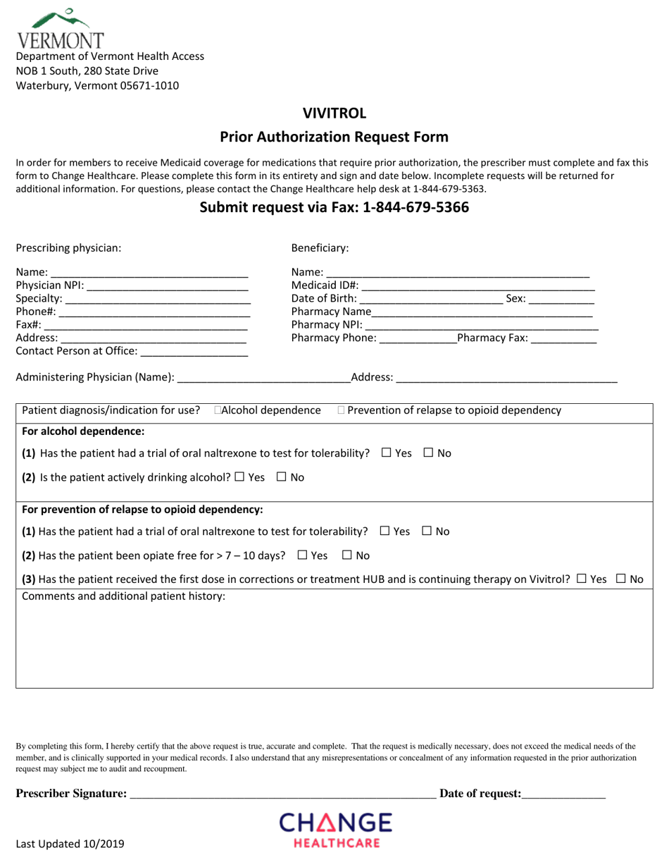 Vivitrol Prior Authorization Request Form - Vermont, Page 1