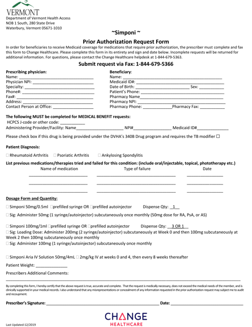 Simponi Prior Authorization Request Form - Vermont Download Pdf