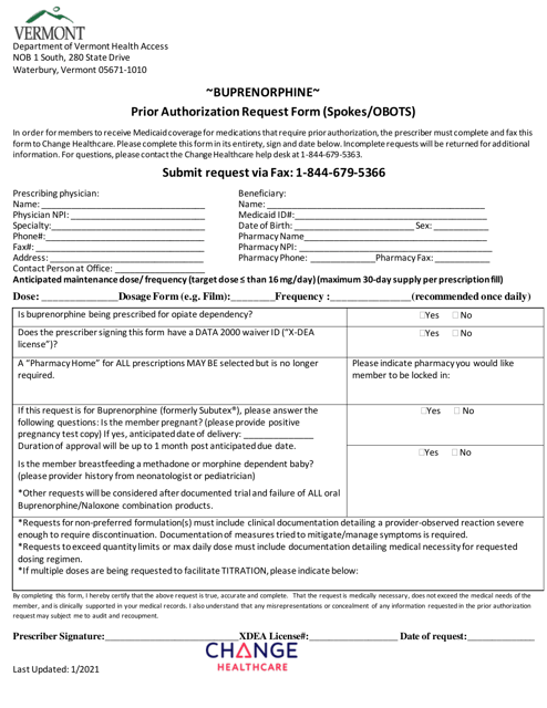 Buprenorphine Prior Authorization Request Form (Spokes / Obots) - Vermont Download Pdf