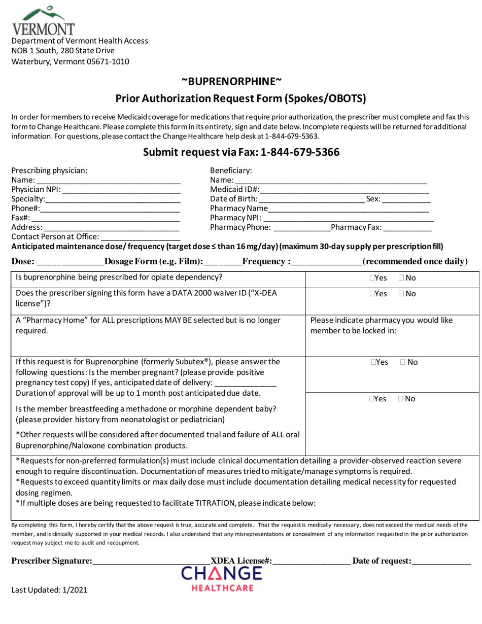 Buprenorphine Prior Authorization Request Form (Spokes / Obots) - Vermont, Page 1