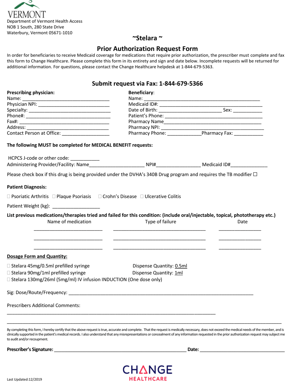 Stelara Prior Authorization Request Form - Vermont, Page 1