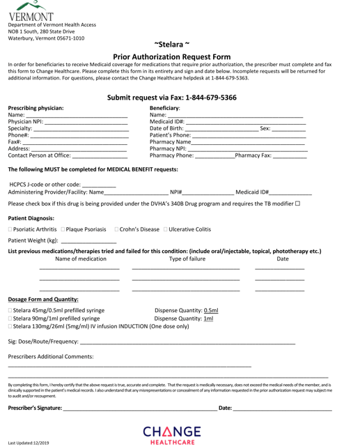 Stelara Prior Authorization Request Form - Vermont Download Pdf