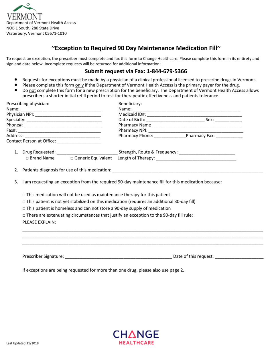 Exception to Required 90 Day Maintenance Medication Fill - Vermont, Page 1