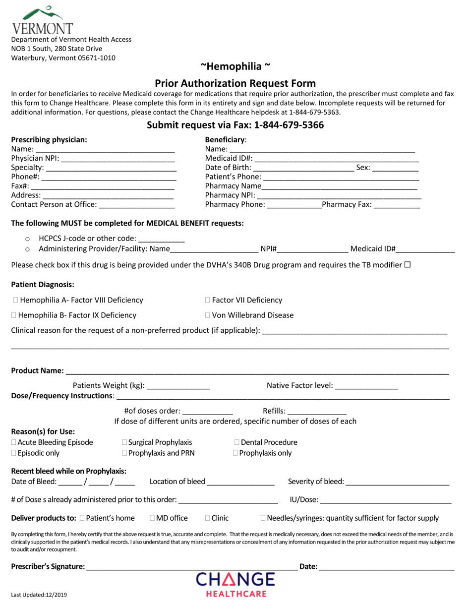 Hemophilia Prior Authorization Request Form - Vermont, Page 1