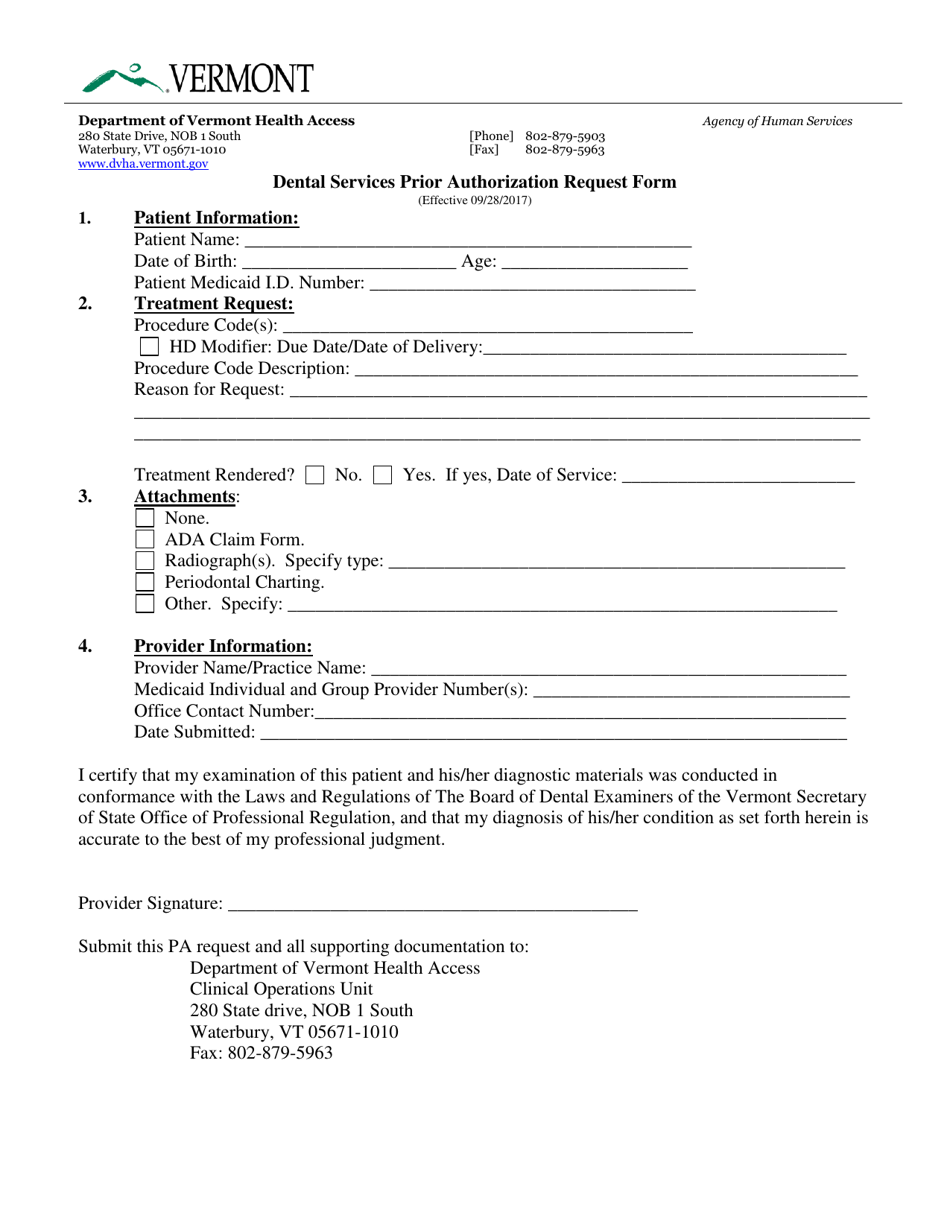 Dental Services Prior Authorization Request Form - Vermont, Page 1