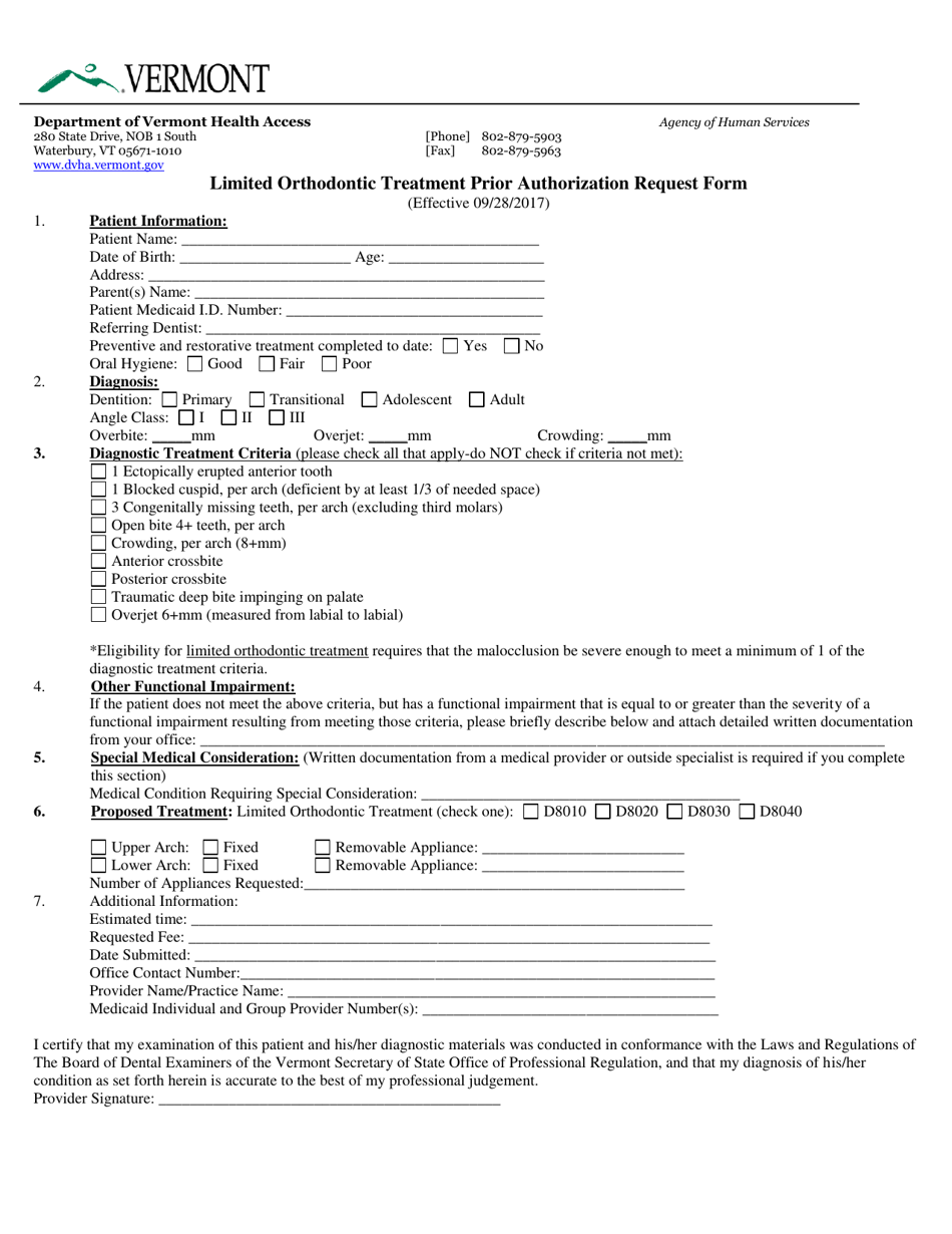 Limited Orthodontic Treatment Prior Authorization Request Form - Vermont, Page 1