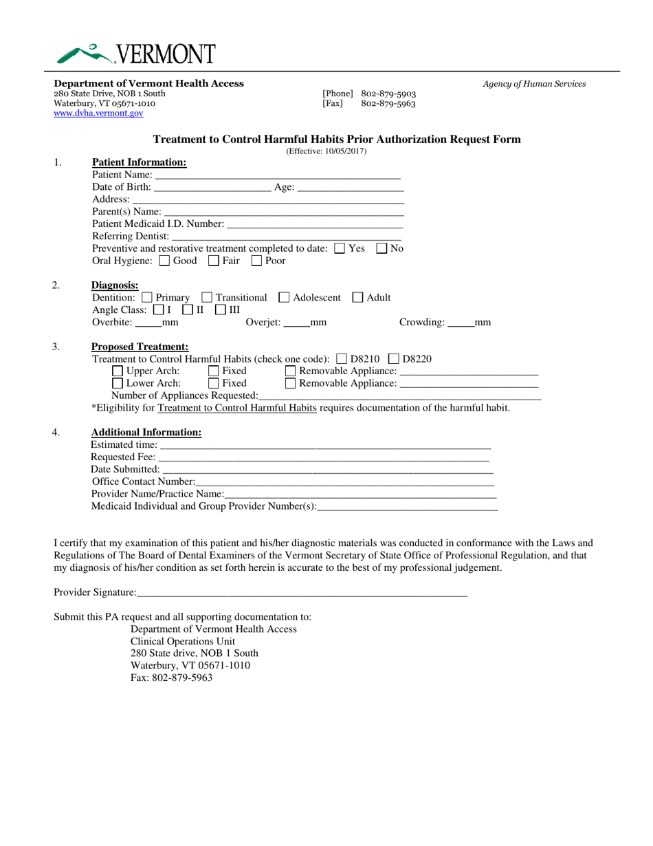 Treatment to Control Harmful Habits Prior Authorization Request Form - Vermont, Page 1