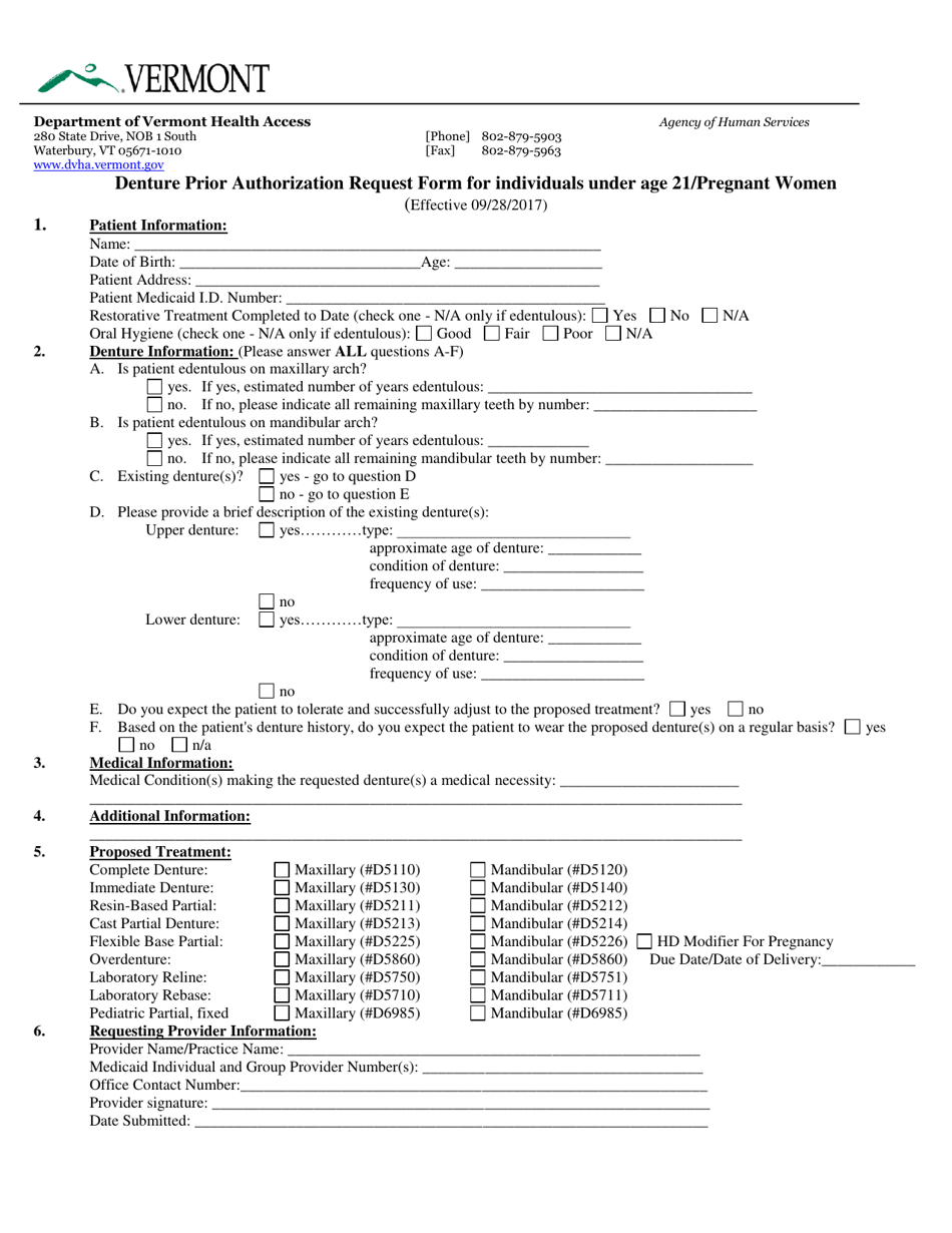 Denture Prior Authorization Request Form for Individuals Under Age 21 / Pregnant Women - Vermont, Page 1