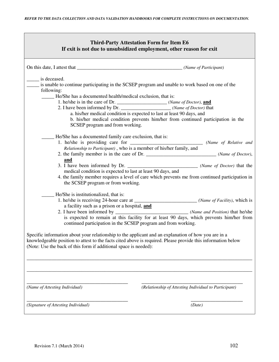 Third-Party Attestation Form for Item E6 - if Exit Is Not Due to Unsubsidized Employment, Other Reason for Exit - North Carolina, Page 1