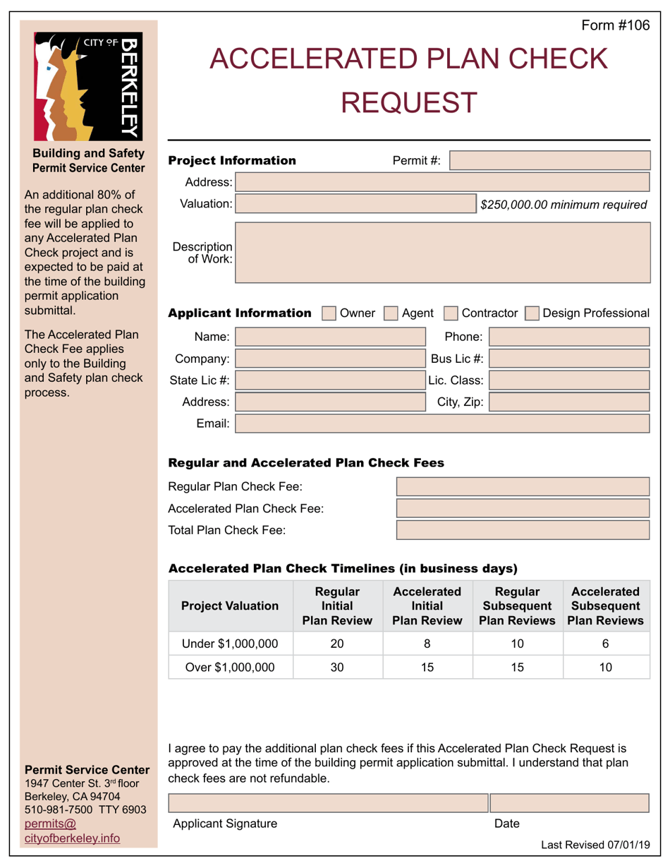 Form 106 Accelerated Plan Check Request - City of Berkeley, California, Page 1