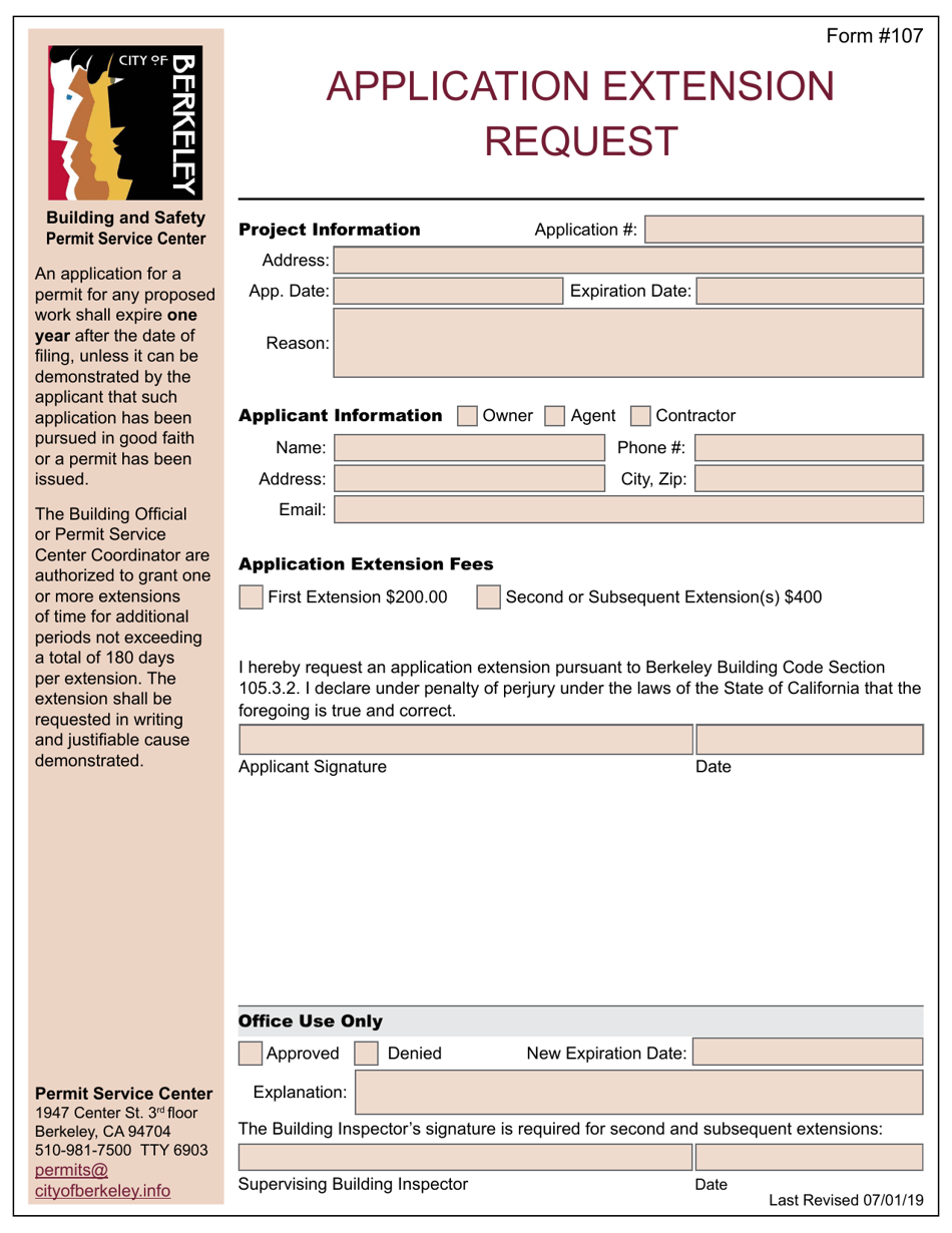Form 107 Application Extension Request - City of Berkeley, California, Page 1