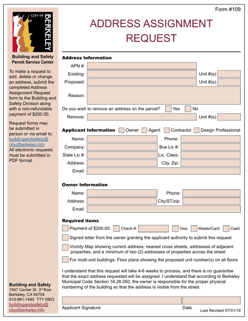 Form 109  Printable Pdf