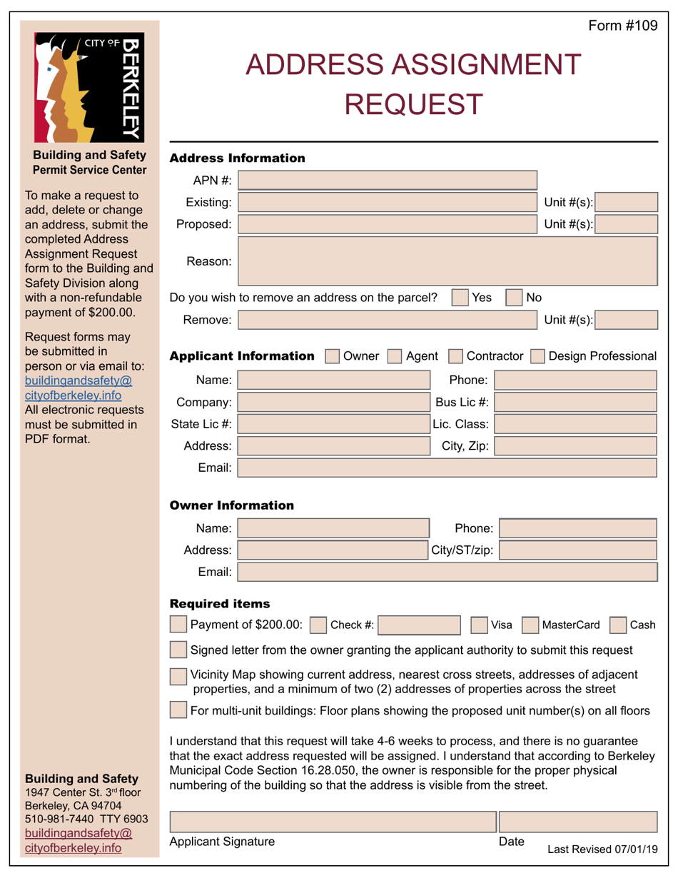 Form 109 Address Assignment Request - City of Berkeley, California, Page 1
