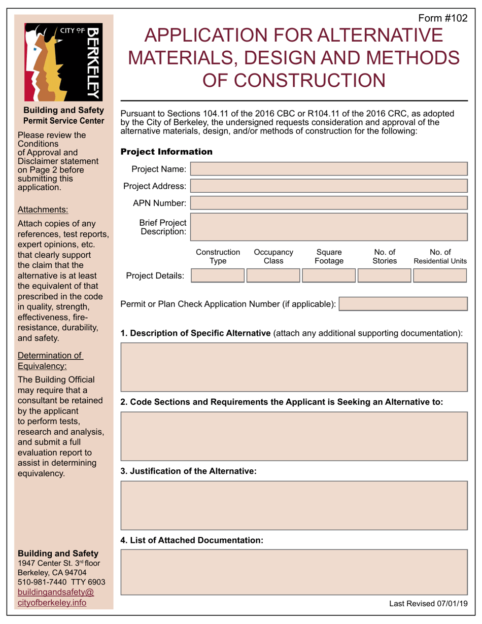 Form 102 Application for Alternative Materials, Design and Methods of Construction - City of Berkeley, California, Page 1