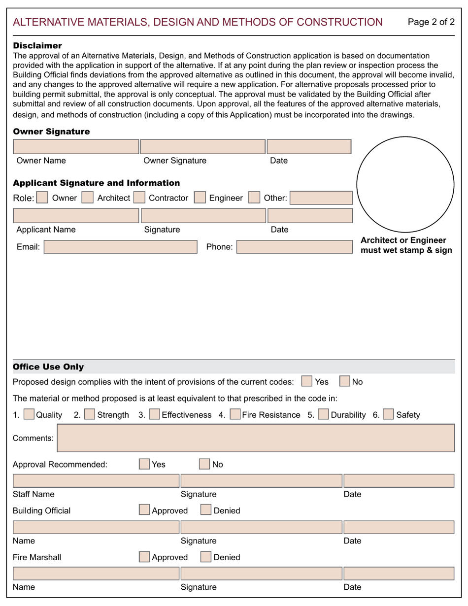 Form 102 Application for Alternative Materials, Design and Methods of Construction - City of Berkeley, California, Page 2