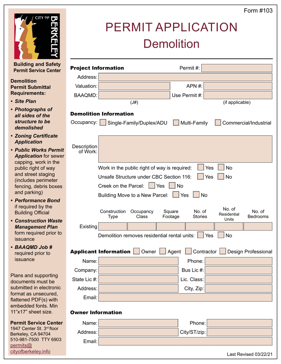 Form 103 Permit Application - Demolition - City of Berkeley, California, Page 1