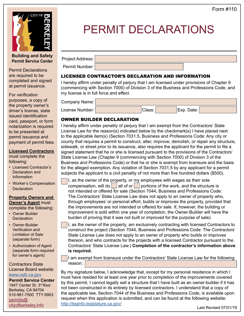 Form 110 Permit Declarations - City of Berkeley, California, Page 1