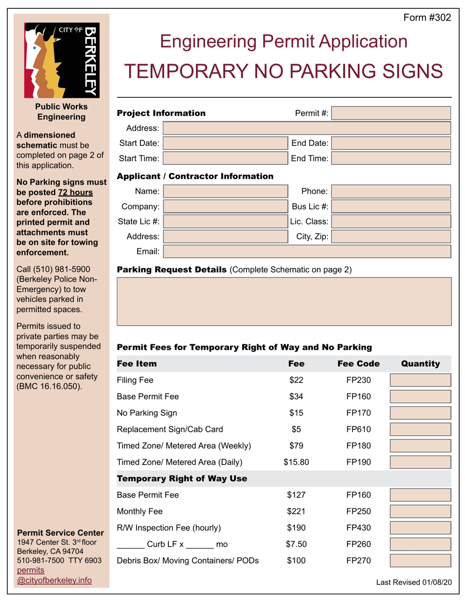Form 302 Engineering Permit Application - Temporary No Parking Signs - City of Berkeley, California, Page 1