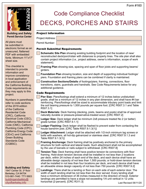 Form 160 Code Compliance Checklist - Decks, Porches and Stairs - City of Berkeley, California