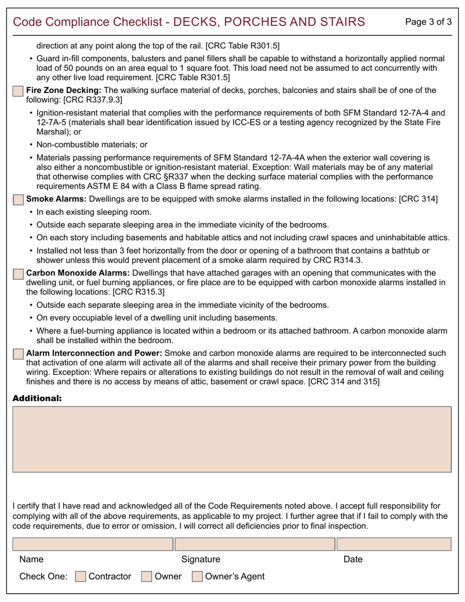 Form 160 Code Compliance Checklist - Decks, Porches and Stairs - City of Berkeley, California, Page 3