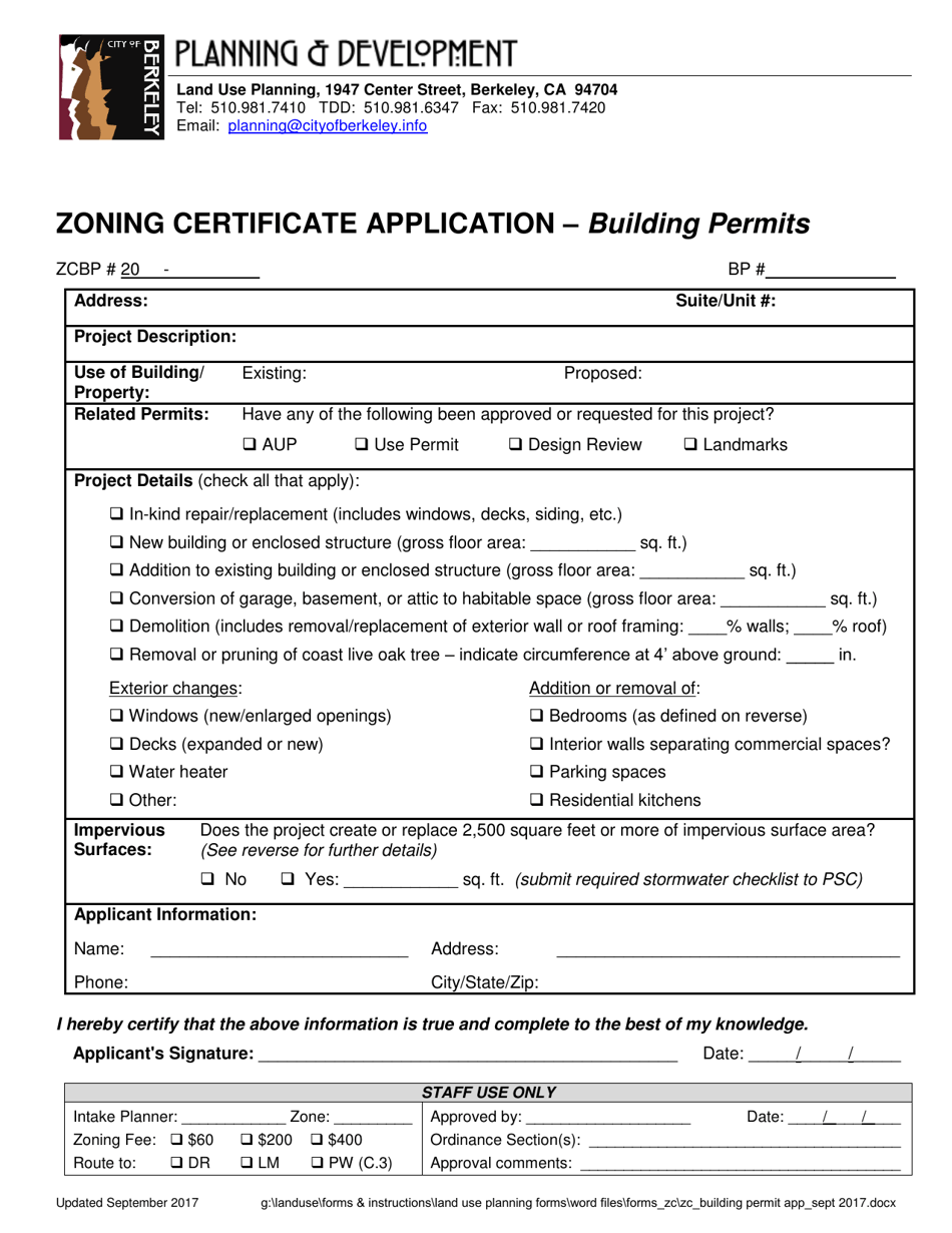 Zoning Certificate Application - Building Permits - City of Berkeley, California, Page 1